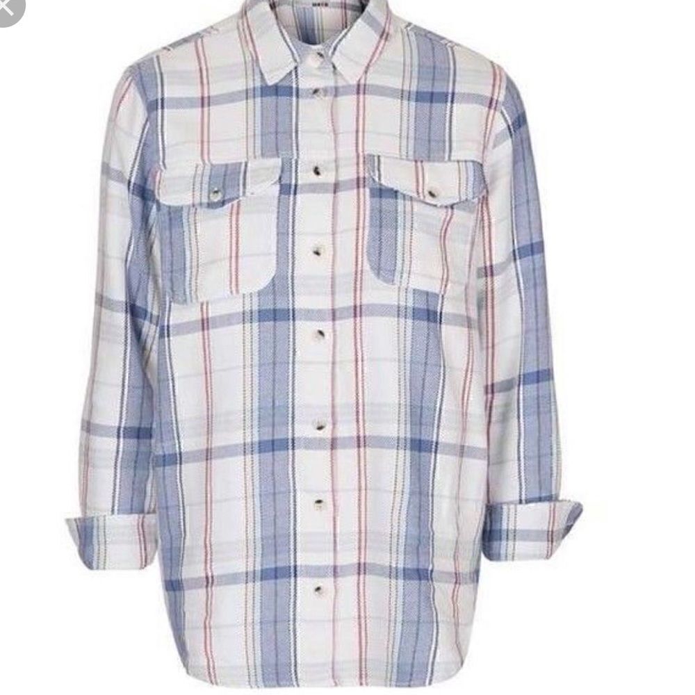 Topshop | Moto Heavy Check White Plaid Button Down Long Sleeve Flannel Shirt | 6
